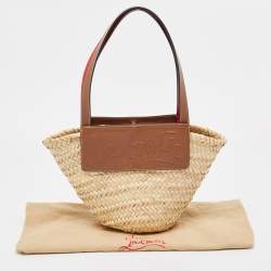 Pre Owned Christian Louboutin Brown/Cream Woven Raffia and Leather Small Loubishore Tote