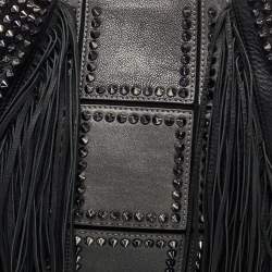 Pre Owned Christian Louboutin Black Spiked Leather Lucky L Fringe Hobo