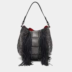 Pre Owned Christian Louboutin Black Spiked Leather Lucky L Fringe Hobo