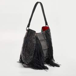 Pre Owned Christian Louboutin Black Spiked Leather Lucky L Fringe Hobo