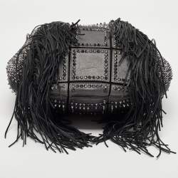 Pre Owned Christian Louboutin Black Spiked Leather Lucky L Fringe Hobo