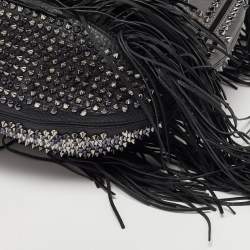 Pre Owned Christian Louboutin Black Spiked Leather Lucky L Fringe Hobo