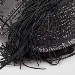 Pre Owned Christian Louboutin Black Spiked Leather Lucky L Fringe Hobo