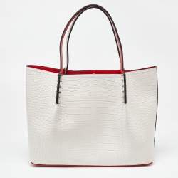 Christian Louboutin Off White Croc Embossed Leather Cabarock Shopper Tote