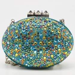 Christian Louboutin Teal Suede Crystals Embellished Mina Chain Clutch