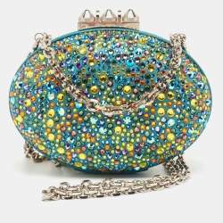 Christian Louboutin Teal Suede Crystals Embellished Mina Chain Clutch