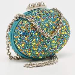 Christian Louboutin Teal Suede Crystals Embellished Mina Chain Clutch