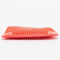 Pre Owned Christian Louboutin Neon Coral Orange Patent Leather Loubiposh Spike Chain Clutch