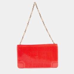 Pre Owned Christian Louboutin Neon Coral Orange Patent Leather Loubiposh Spike Chain Clutch