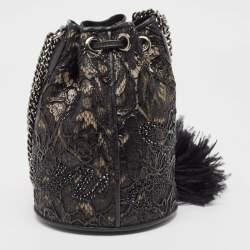 Christian Louboutin Black Lace, Feather and Leather Marie Jane Bucket Bag