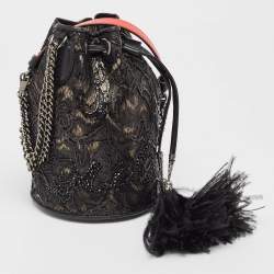 Christian Louboutin Black Lace, Feather and Leather Marie Jane Bucket Bag