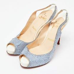 Christian Louboutin White/Blue Striped Fabric No Prive Slingback Pumps Size 38.5