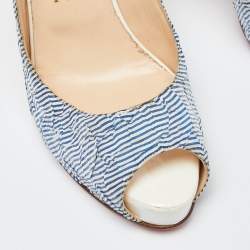 Christian Louboutin White/Blue Striped Fabric No Prive Slingback Pumps Size 38.5