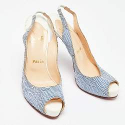 Christian Louboutin White/Blue Striped Fabric No Prive Slingback Pumps Size 38.5