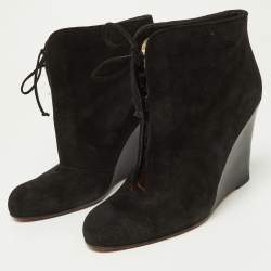 Christian Louboutin Black Suede Lace Up Wedge Booties Size 39