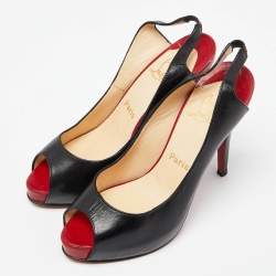 Pre Owned Christian Louboutin Black Leather Private Number Platform Slingback Sandals Size 38
