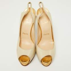 Pre Owned Christian Louboutin Cream/Gold Leather Platform Peep Toe Singback Pumps Size 38