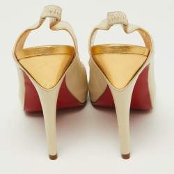 Pre Owned Christian Louboutin Cream/Gold Leather Platform Peep Toe Singback Pumps Size 38