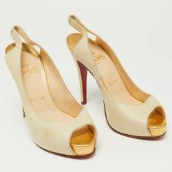 Pre Owned Christian Louboutin Cream/Gold Leather Platform Peep Toe Singback Pumps Size 38