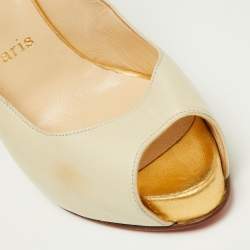 Pre Owned Christian Louboutin Cream/Gold Leather Platform Peep Toe Singback Pumps Size 38