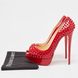 Pre Owned Christian Louboutin Red Patent Leather Lady Peep Spikes Pumps Size 39