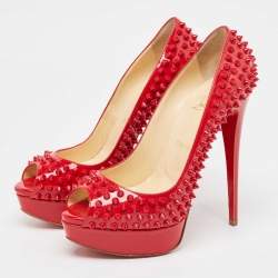 Pre Owned Christian Louboutin Red Patent Leather Lady Peep Spikes Pumps Size 39