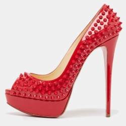 Pre Owned Christian Louboutin Red Patent Leather Lady Peep Spikes Pumps Size 39