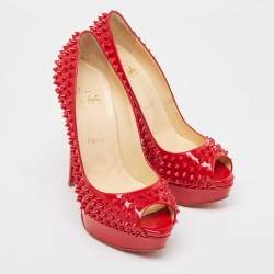 Pre Owned Christian Louboutin Red Patent Leather Lady Peep Spikes Pumps Size 39
