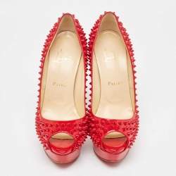 Pre Owned Christian Louboutin Red Patent Leather Lady Peep Spikes Pumps Size 39