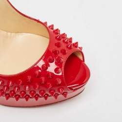 Pre Owned Christian Louboutin Red Patent Leather Lady Peep Spikes Pumps Size 39