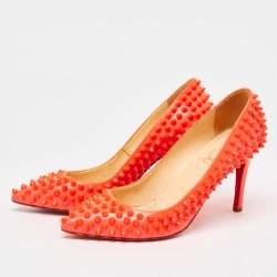 Pre Owned Christian Louboutin Neon Pink Patent Leather Pigalle Spikes Pumps Size 35.5