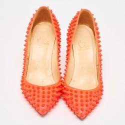 Pre Owned Christian Louboutin Neon Pink Patent Leather Pigalle Spikes Pumps Size 35.5