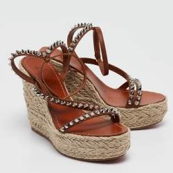 Christian Louboutin Brown Leather Mafaldina Espadrille Wedge Sandals Size 38