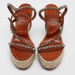 Christian Louboutin Brown Leather Mafaldina Espadrille Wedge Sandals Size 38