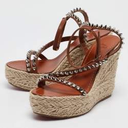 Christian Louboutin Brown Leather Mafaldina Espadrille Wedge Sandals Size 38