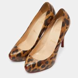 Christian Louboutin Brown/Beige Leopard Print Leather Ron Ron Peep Toe Platform Pumps Size 37.5