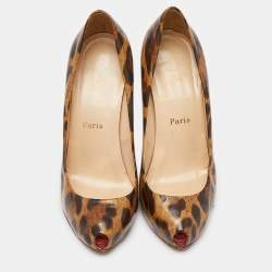 Christian Louboutin Brown/Beige Leopard Print Leather Ron Ron Peep Toe Platform Pumps Size 37.5