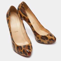 Christian Louboutin Brown/Beige Leopard Print Leather Ron Ron Peep Toe Platform Pumps Size 37.5