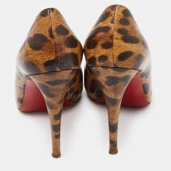 Christian Louboutin Brown/Beige Leopard Print Leather Ron Ron Peep Toe Platform Pumps Size 37.5