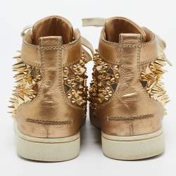 Pre Owned Christian Louboutin Gold Leather Spikes High Top Sneakers Size 41