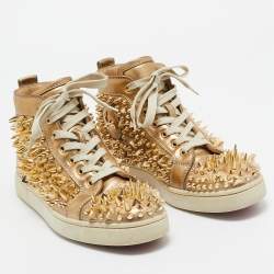 Pre Owned Christian Louboutin Gold Leather Spikes High Top Sneakers Size 41