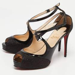 Christian Louboutin Black Patent Leather and Glitter Mira Bella Sandals Size 36.5
