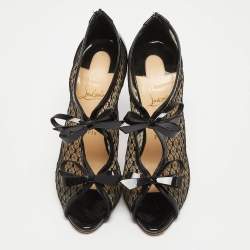 Pre Owned Christian Louboutin Black Lace and Patent Leather Empiralta Booties Size 38.5