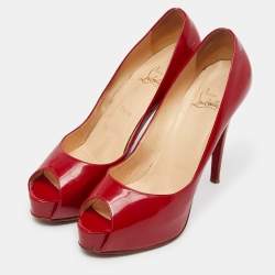 Pre Owned Christian Louboutin Red Patent Leather Lady Page Platform Peep Toe Pumps Size 41.5