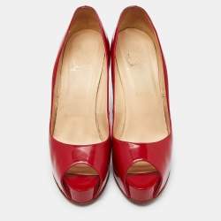 Pre Owned Christian Louboutin Red Patent Leather Lady Page Platform Peep Toe Pumps Size 41.5