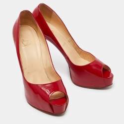 Pre Owned Christian Louboutin Red Patent Leather Lady Page Platform Peep Toe Pumps Size 41.5