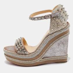 Christian Louboutin Metallic Leather and Raffia Pyraclou Wedge Sandals Size 37