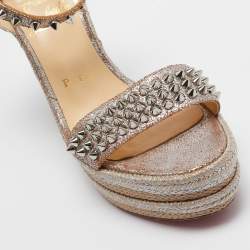 Christian Louboutin Metallic Leather and Raffia Pyraclou Wedge Sandals Size 37