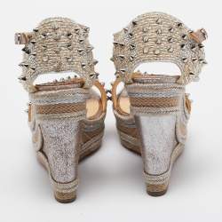 Christian Louboutin Metallic Leather and Raffia Pyraclou Wedge Sandals Size 37