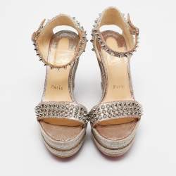 Christian Louboutin Metallic Leather and Raffia Pyraclou Wedge Sandals Size 37